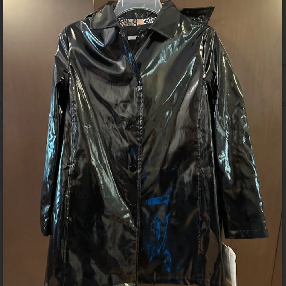 Jane Post Women XS Black Snap Front Detachable Hood Slicker Raincoat NWT